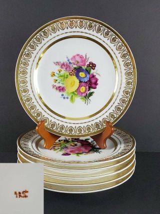(6) Antique Old Paris Floral Porcelain Plates,  Hand Painted,  19th C.