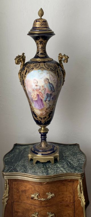 Sevres Style Cobalt Porcelain Urn W/figural Pan Handles 19 Th Century 27”