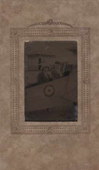 Unusual Rare Old Photo Tintype Military Raf Plane Prop Woman Children Boy Th665