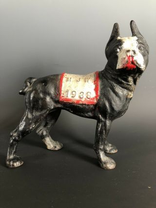 Rare Advertising 1938 Mjw Hubley Boston Terrier Cast Iron Dog Statue W/ Saddle