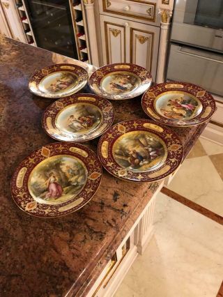 Antique Set Of 6 Royal Vienna Hand Painted Signed Porcelain Plates