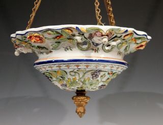 Antique Hanging Lamp Chandelier French Fourmaintraux Pottery Faience Majolica