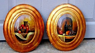 Kim Chase Italian Pair Vintage Oval Gilt Oil Painting On Wood,  Signed By The Arti