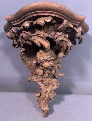 Lg Antique Carved Wood Winged Cherub Putti Statue Old Corbel Style Wall Shelf
