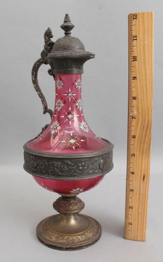 19thc Antique German Pewter & Cranberry Glass Hand Painted Enamel Wine Ewer,  Nr