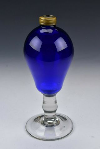 19th Century American Blown Glass Cobalt Blue Whale Oil Lamp Solid Core Stem