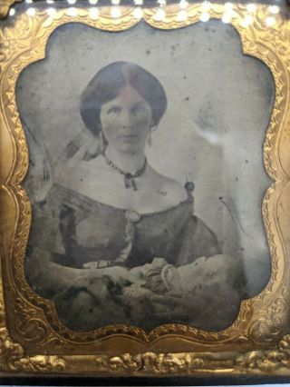 Antique Tintype Photo In Thermoplastic Case Woman With Baby