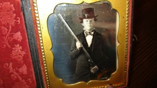 Sixth Plate Ca.  1852 Daguerreotype Of Hunter With Large Barreled Musket