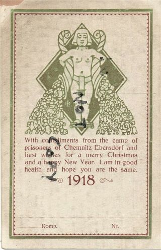 Rare Ww1 Xmas Greetings Card 1917 ? Chemnitz Ebersdorf Germany Prisoner Of War
