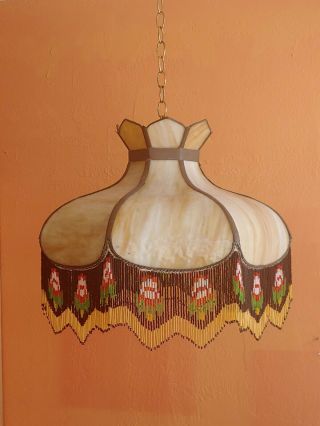 Antique Slag Glass Beaded Fringe Caramel Chandelier Hanging Victorianlamp Shade