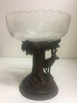 Black Forest German Swiss Wood Carved Deer Etched Glass Centerpiece