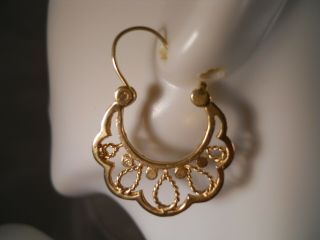 Vintage 14k Yellow Gold Flower Art Deco Filigree Hoop Diamond Cut Earrings 1 "
