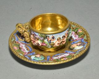 Antique Capodimonte Italian Porcelain Cup & Saucer Hand Painted Cherubs W/ Gold
