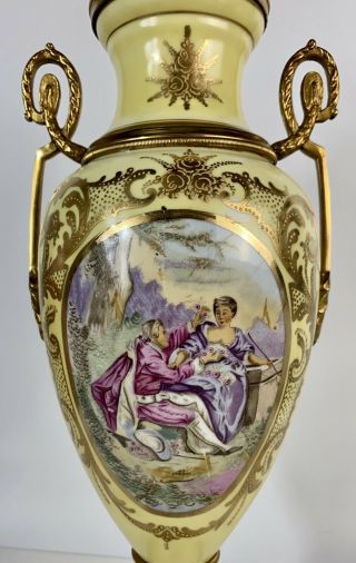 Vintage/Antique French Sevres Style Porcelain Lidded Urn,  Brass Handles 19.  5” 3