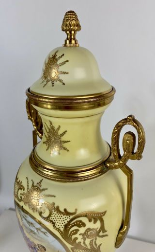 Vintage/Antique French Sevres Style Porcelain Lidded Urn,  Brass Handles 19.  5” 6