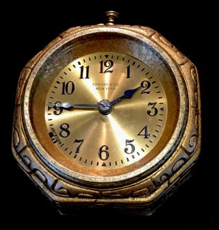Antique Tiffany Studios York 1076 Zodiac Pattern Gold Dore Patina Desk Clock