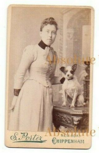 Old Cdv Photo Lady & Pet Dog With Black Eyes S.  Porter Chippenham Wilts 1880s