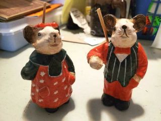 Vintage Collectible Paper Mache Woman And Man Mouse With Tails - Hand Painted