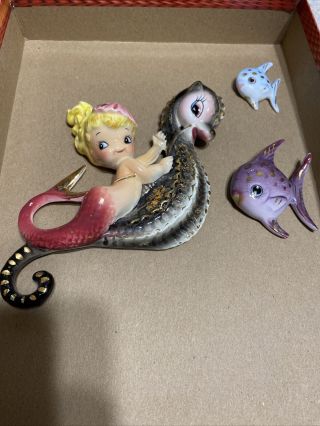 Vintage Lefton Ceramic Mermaid Riding Seahorse Wall Plaque Figurine