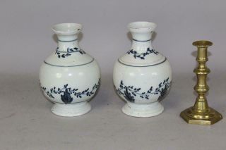 Rare Pair 18th C Bristol English Delft Tin Glaze Bottles With Oriental Flowers