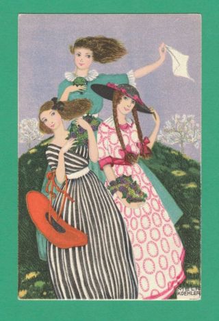 Vintage Mela Koehler Art Postcard Fashionable Ladies Hill Wind