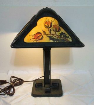 Vintage Stained Slag Glass Panel Table Lamp Hand Painted Rose Buds Arts & Crafts
