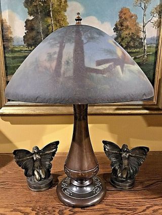 Moe Bridges Arts Crafts Reverse Painted Antique Lamp Handel Bradley Hubbard Era 2