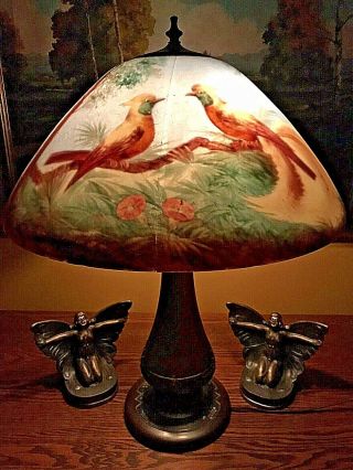 Moe Bridges Arts Crafts Reverse Painted Antique Lamp Handel Bradley Hubbard Era 3