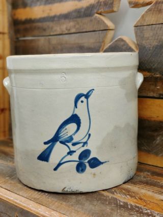 Antique 19th C Stoneware Bird On A Branch Blue Cobalt Decorated 6 Gallon Crock