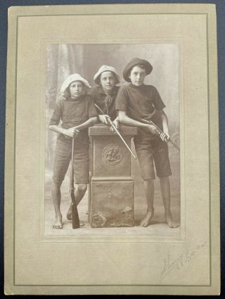 Vintage Photograph Of 3 Barefoot Boys With Guns 22 Rifles ? 8 1/4 " X 6 "