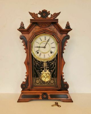 Antique 8 Day Ingraham Parlor Clock Mantel Cherry Wood Case 1870s