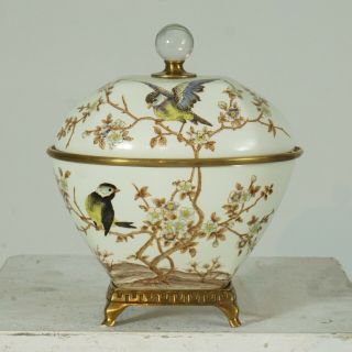 French Porcelain Dish With Lid Brass Trim And Feet Green Birds Hand Painted