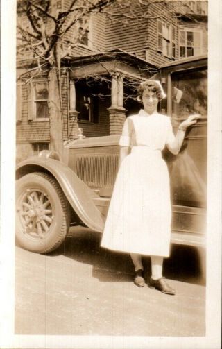 Vintage Photo,  Sexy Flapper Girl / Nurse & Old Car,  Ca 1927.  Moncton Nb.  Cc6