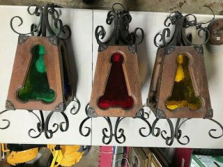 Vintage 3 Spanish Revival Gothic Wood & Metal Colored Panel Hanging Lamps Lights