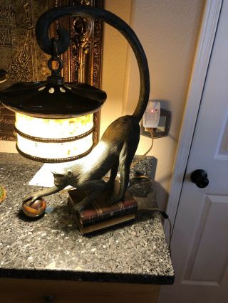 Maitland Smith Vintage Patina Bronze Penshell Shade Monkey Lamp Table Desk Lamp