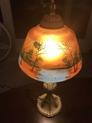Antique C.  1920 Era Cast Iron Hand Painted Lamp W/ Reverse Painted Shade