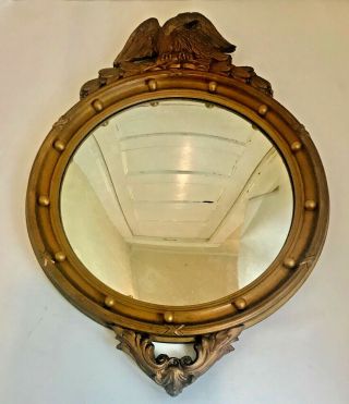 Large Antique 30.  5 " American Federal Eagle Convex Golden Bronze Wood Wall Mirror