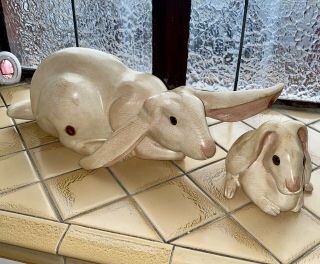 Two Leo Koppy 1939 - 1989 - Solid Wood Sculpture Rabbits 23 " Wide 8 " High W/ Baby