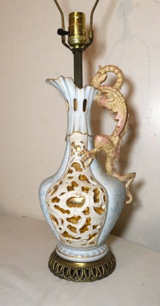 Antique Figural French Porcelain Dragon Urn Vase Ewer Style Electric Table Lamp