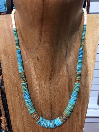 Vintage Native American Sterling Silver Bench Beads Natural Turquoise Necklace