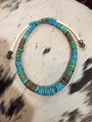 Vintage NATIVE AMERICAN STERLING SILVER BENCH BEADS NATURAL TURQUOISE Necklace 3