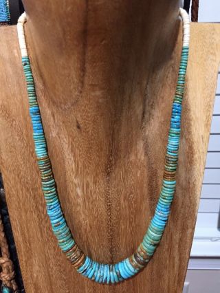 Vintage NATIVE AMERICAN STERLING SILVER BENCH BEADS NATURAL TURQUOISE Necklace 5