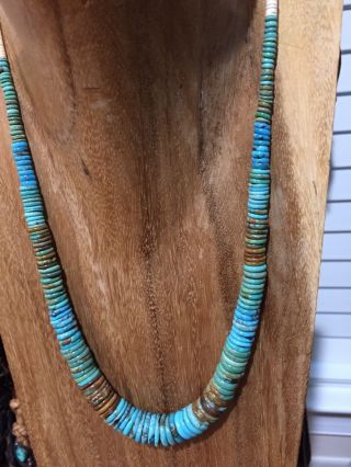 Vintage NATIVE AMERICAN STERLING SILVER BENCH BEADS NATURAL TURQUOISE Necklace 6