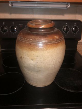 Antique Primitive Stoneware Salt Glazed Crock Brown Vase