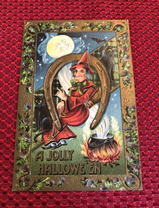 Vintage Halloween Embossed Postcard Antique Red Witch Horse Shoe Series 2171