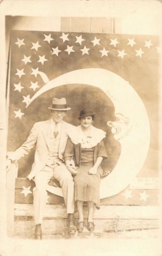 Paper Moon Couple Studio Prop Hot Springs Postmarked 1934 Rppc Vintage Postcard