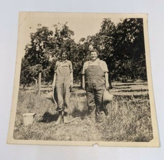 Farm Girls Old Photo Bib Overalls Ranch Hay Harvest Field Black White 1900s