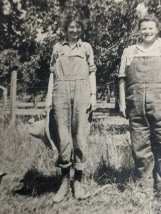 Farm Girls Old Photo bib overalls ranch hay harvest field black white 1900s 2