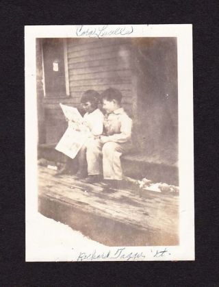 Cute Little Guys Reading Newspaper On Porch Steps Old/vintage Photo Snapshot - P18