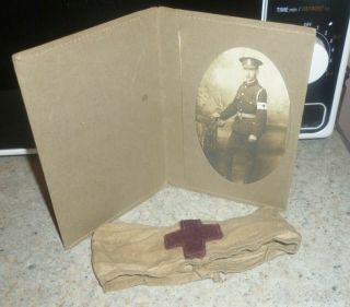 Vintage Ww1 Red Cross Armband,  Photograph Off The Soldier Wearing It